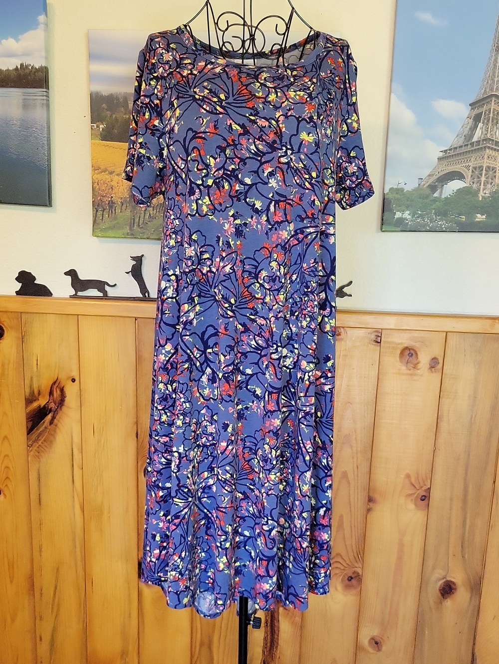 LuLaRoe Blue Purple Floral Midi Dress with Multicolor Accents
